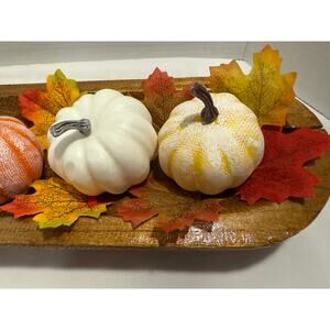 Carved Wooden Dough Bowl Primitive Wood  Rustic Fall Decor, Pumpkins, Leaves